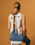 Bow-Detail Open-Back Leather T-Shirt - Cream
