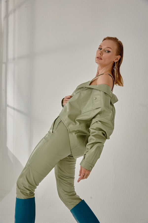 Boyfriend Leather Jacket – Nile Green
