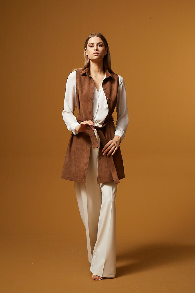 Buttoned Belted Suede Dress & Vest - Brown