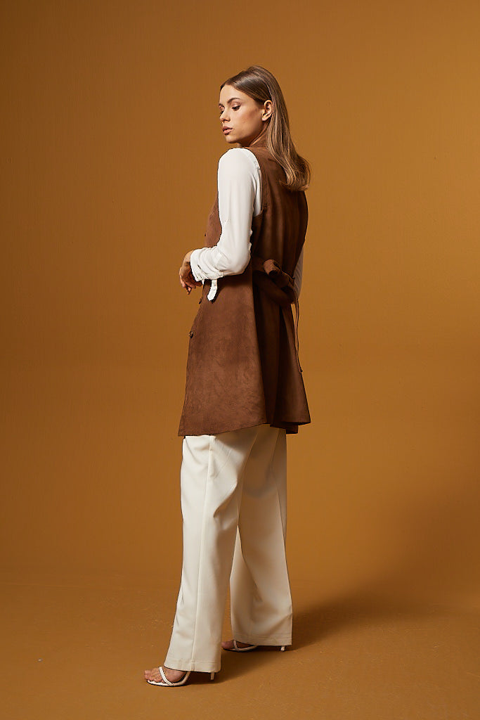 Buttoned Belted Suede Dress & Vest - Brown