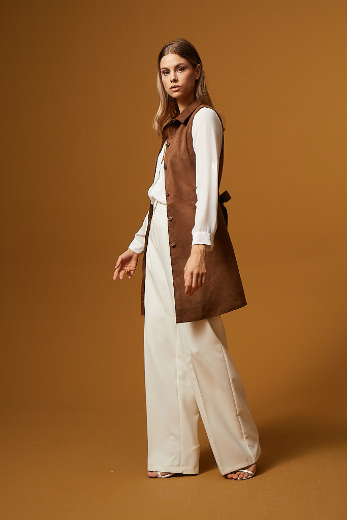 Buttoned Belted Suede Dress & Vest - Brown