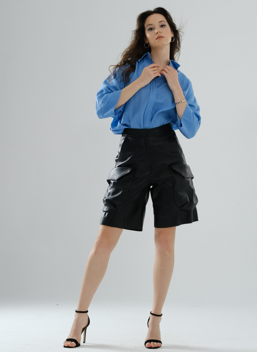 Cargo Bermuda Leather Shorts - Black