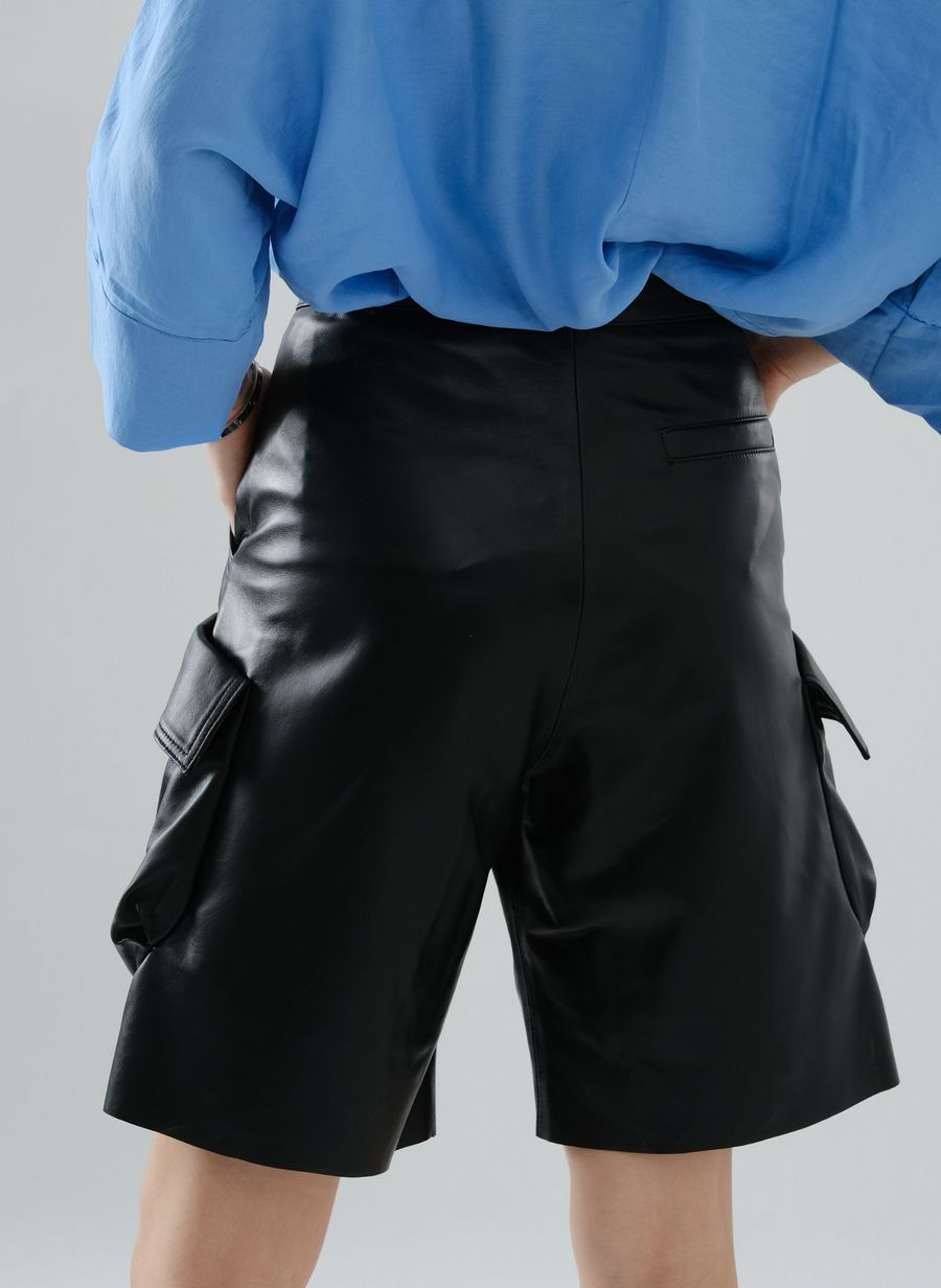 Cargo Bermuda Leather Shorts - Black