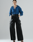 Cargo Long Leather Pants - Black