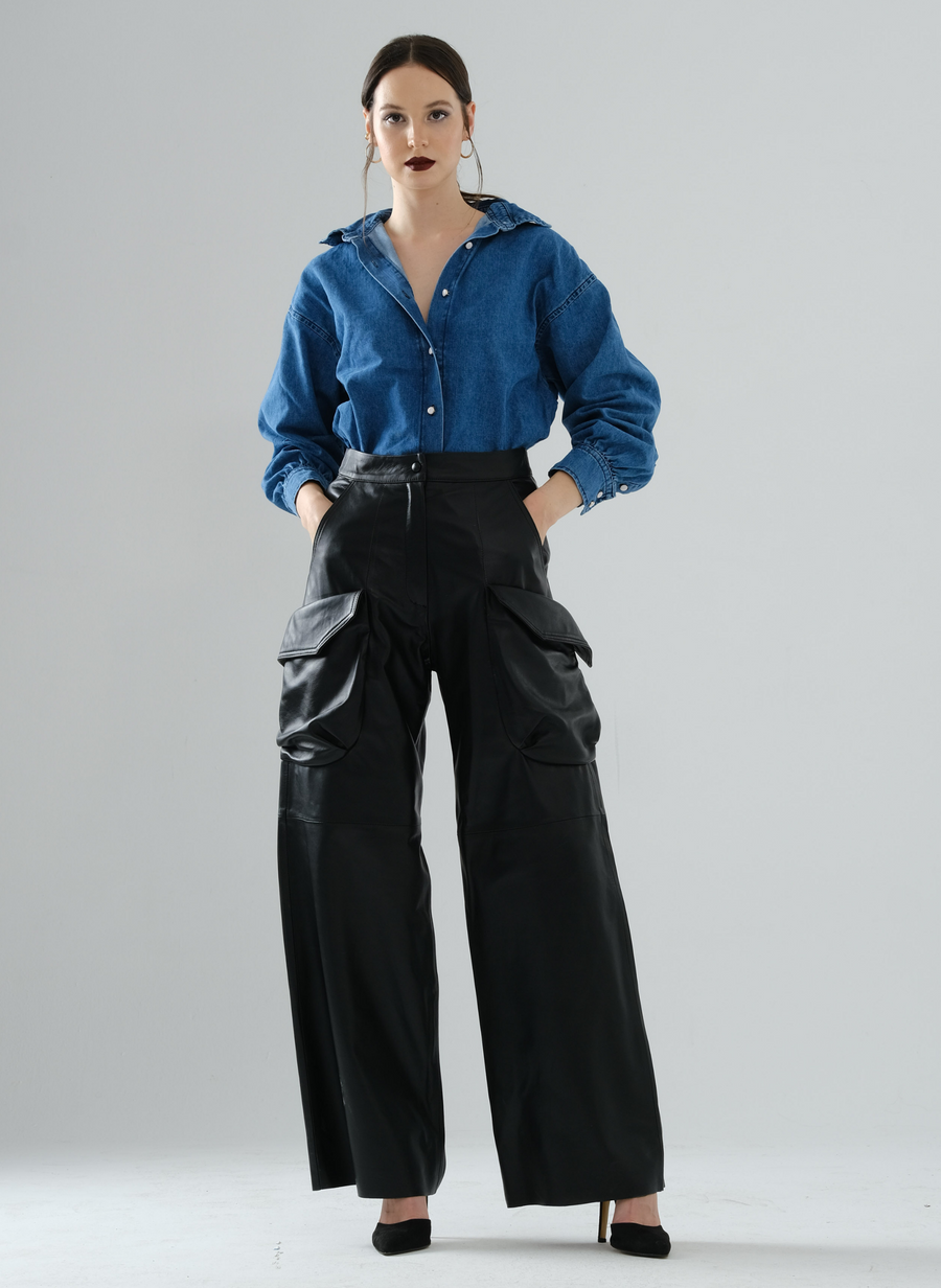 Cargo Long Leather Pants - Black