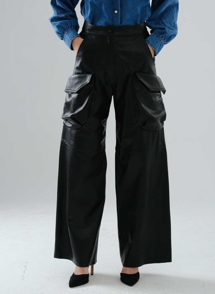 Cargo Long Leather Pants - Black