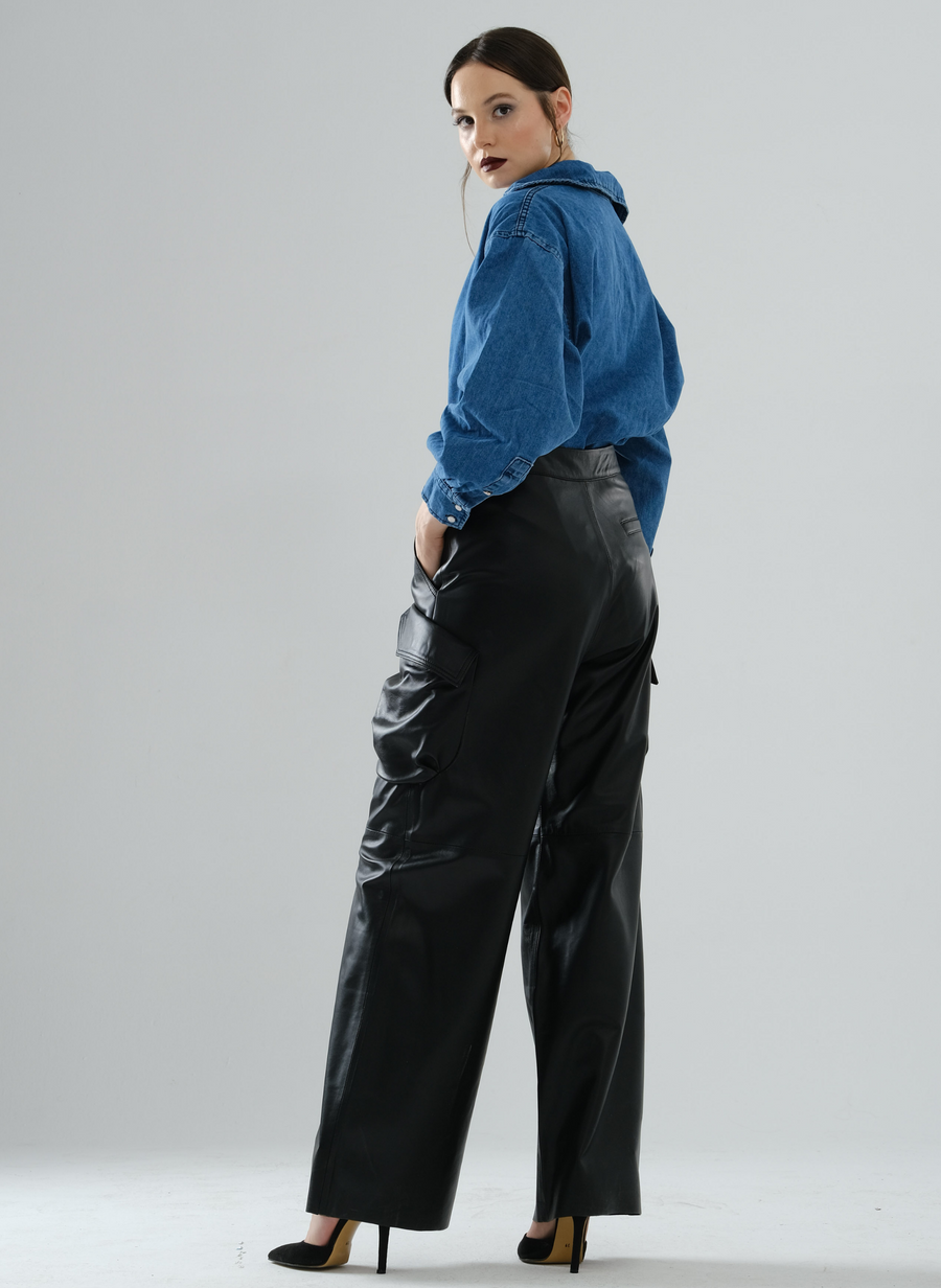 Cargo Long Leather Pants - Black