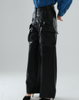 Cargo Long Leather Pants - Black