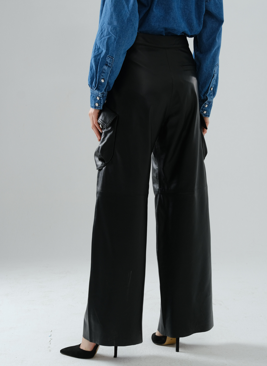 Cargo Long Leather Pants - Black