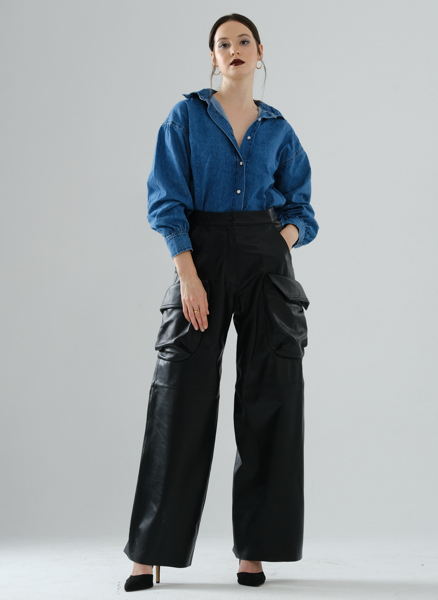Cargo Long Leather Pants - Black