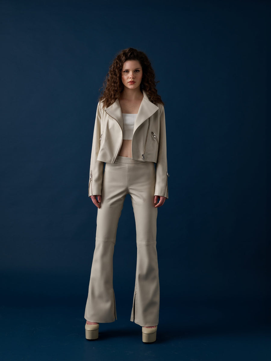 Cropped Biker Leather Jacket – Cream