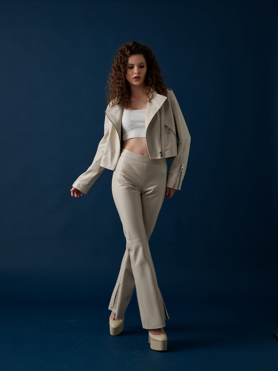 Cropped Biker Leather Jacket – Cream