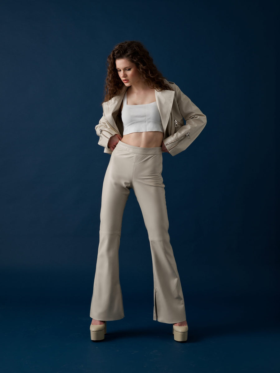 Cropped Biker Leather Jacket – Cream