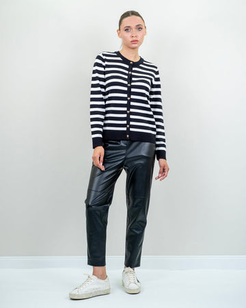 Black Striped Sweater Cardigan And Leather Trousers Set |