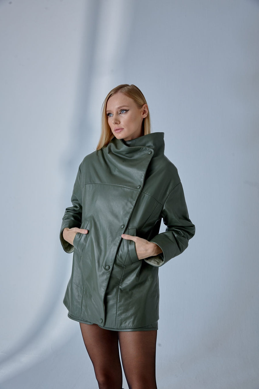Dropped Shoulder Leather Jacket – Sage Green