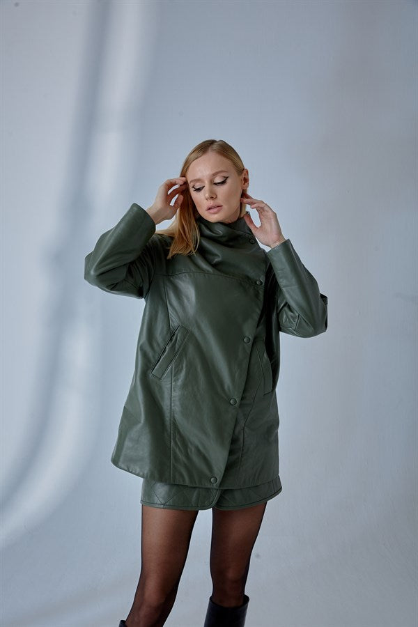 Dropped Shoulder Leather Jacket – Sage Green