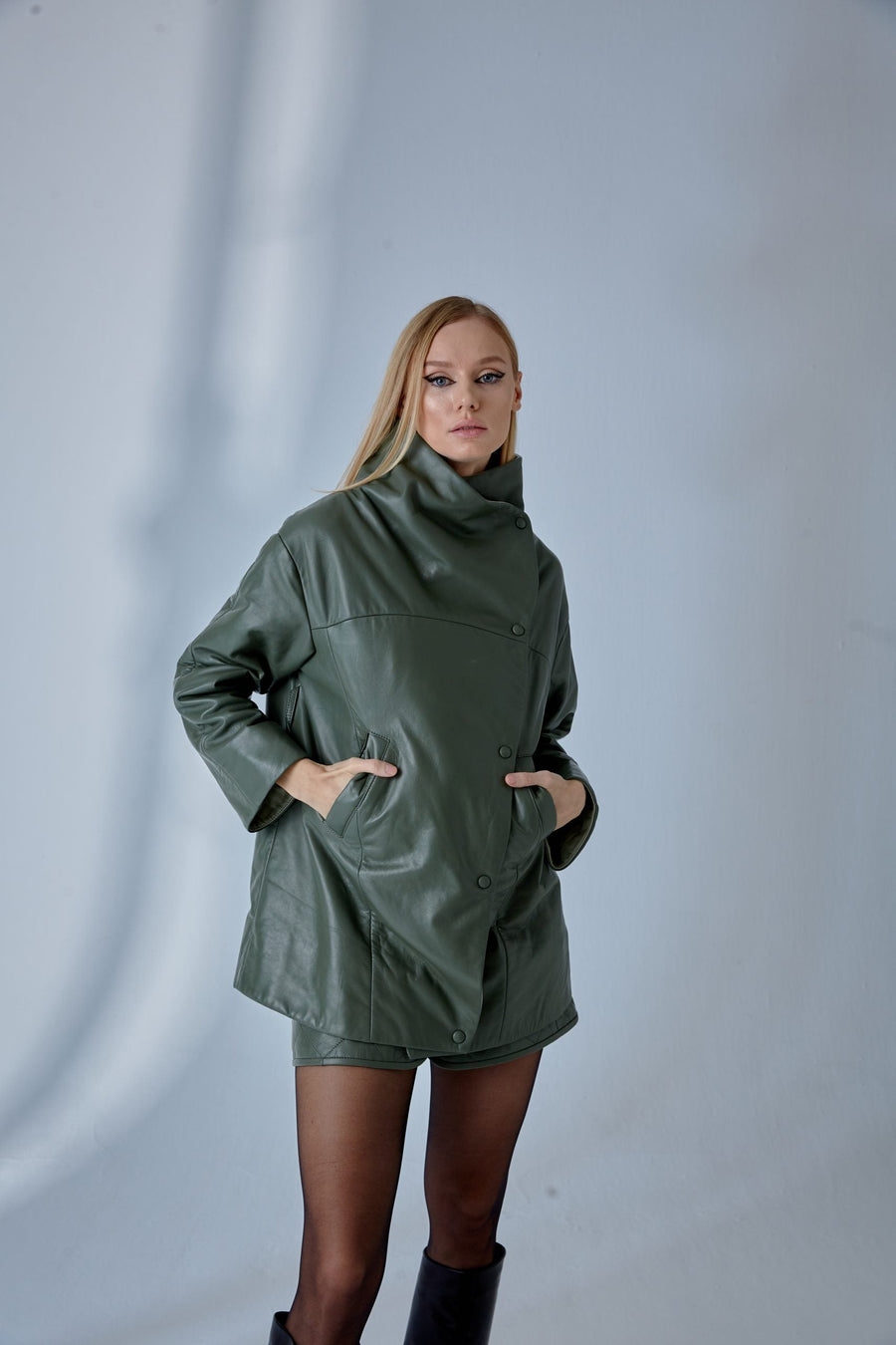 Dropped Shoulder Leather Jacket – Sage Green