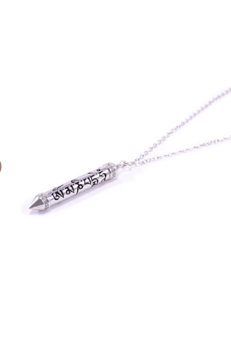 Om Mani Padme HumSterling Silver White Topaz Prayer Necklace White Rhodium 22 inches