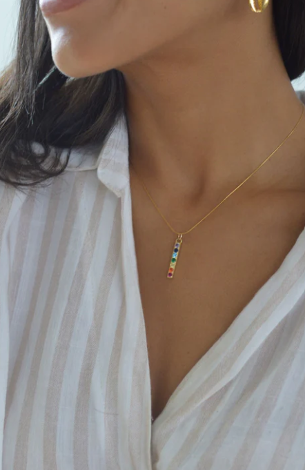 Chakra Align Rainbow Bar Necklace White Rhodium