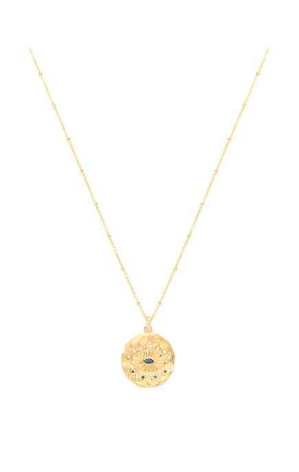 Evil Eye Protection Necklace 18k Gold over Sterling Silver with Sapphire and White Topaz High Polish Finish