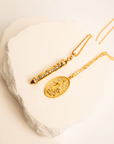 OM MANI PADME HUM 18k Gold White Topaz Prayer Necklace 22 inches