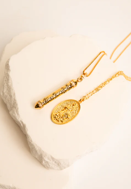 OM MANI PADME HUM 18k Gold White Topaz Prayer Necklace 22 inches