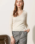 Ecru Silk and Cashmere Deep V-Neck Knitwear