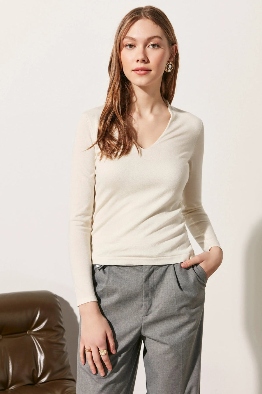 Ecru Silk and Cashmere Deep V-Neck Knitwear