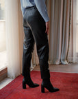 Elastic-Waist Straight Leather Pants – Black