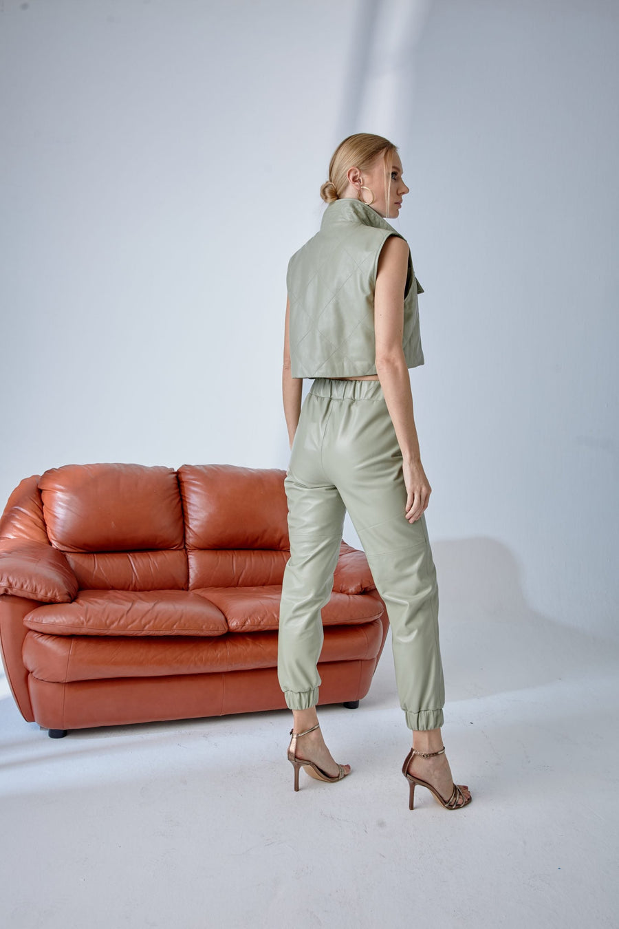 Elastic Waist Jogger Leather Pants – Sage Green