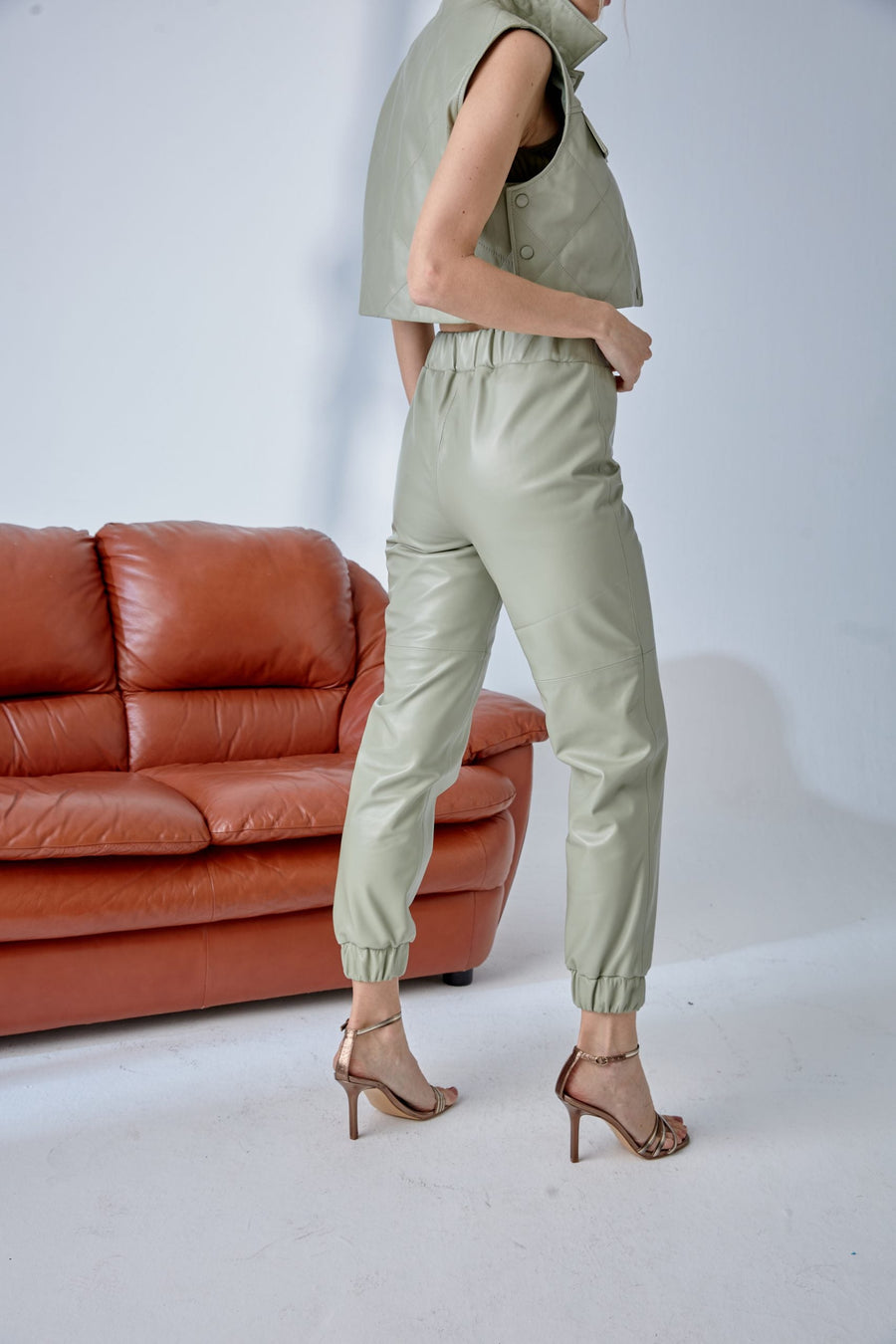Elastic Waist Jogger Leather Pants – Sage Green