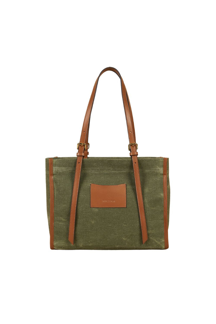 Green Canvas Genuine Leather Strap Tote Bag