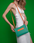 Barb Green Orange Dual Color Leather Hand Bag