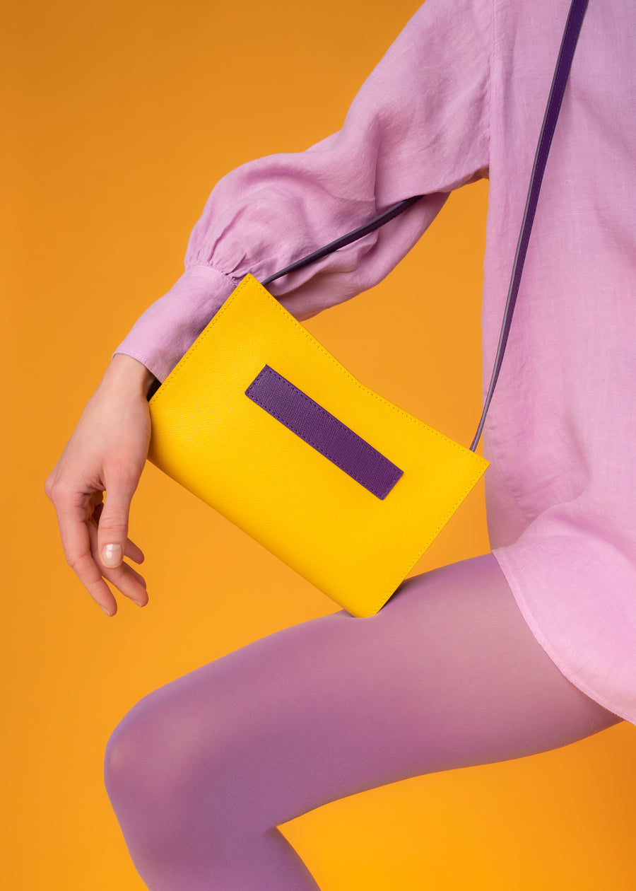 Barb Yellow Purple Dual Color Leather Hand Bag