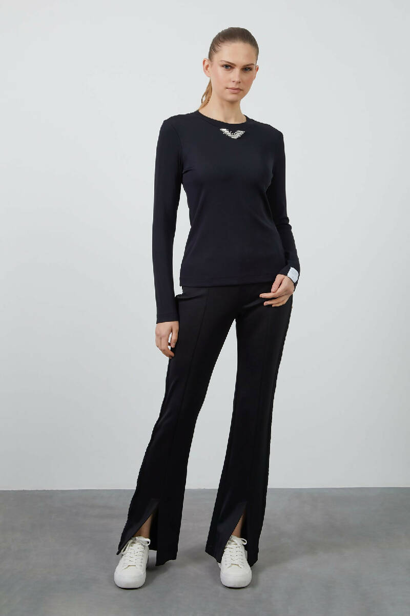 Sleeve End Label Detailed Collar Black Blouse with Stone