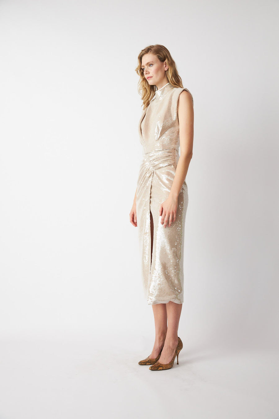 Louis Long Elegant Dress with Slits Beige