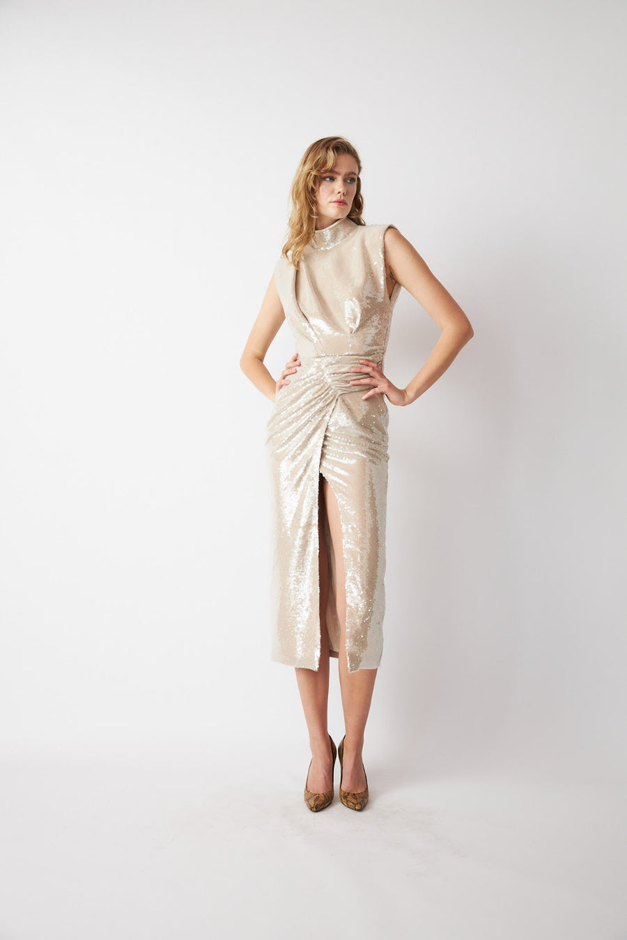 Louis Long Elegant Dress with Slits Beige