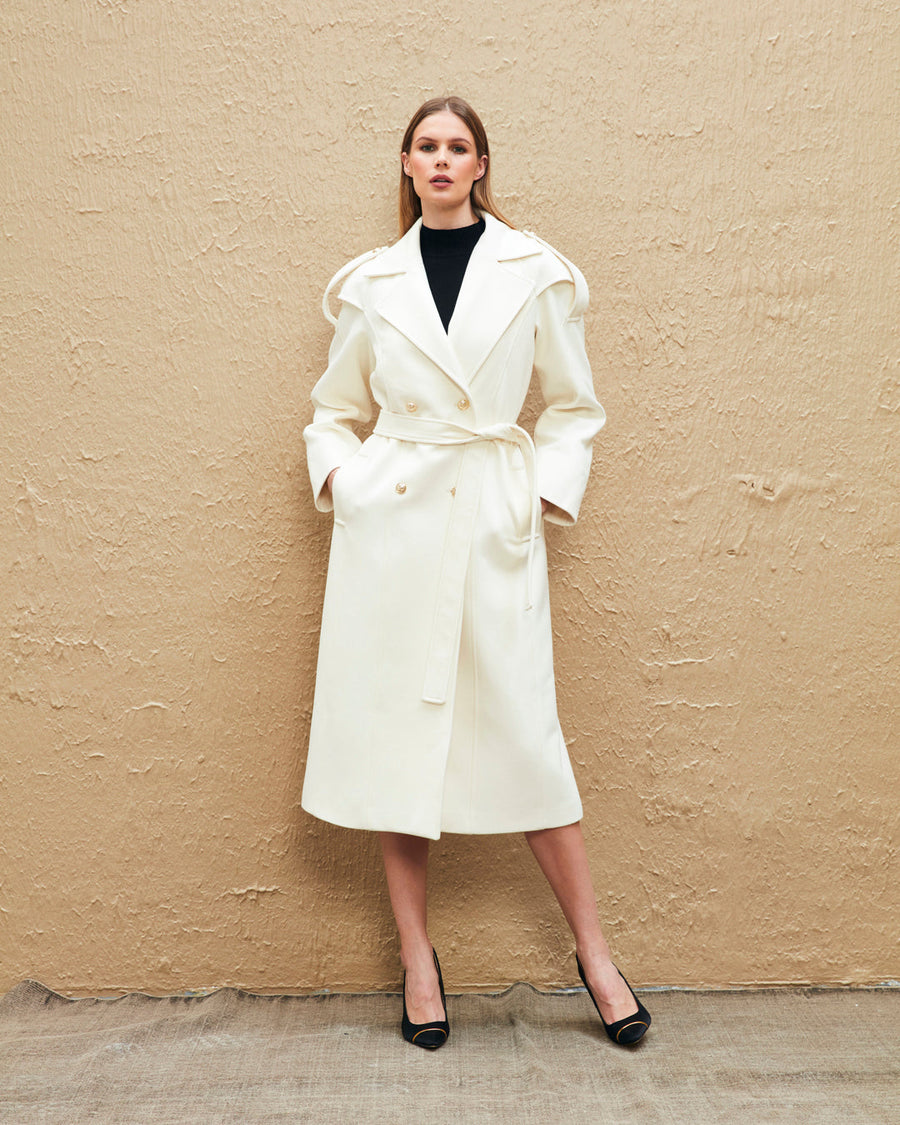 Button Detailed Belted Long Coat Beige Fınal Item - Porterist 2