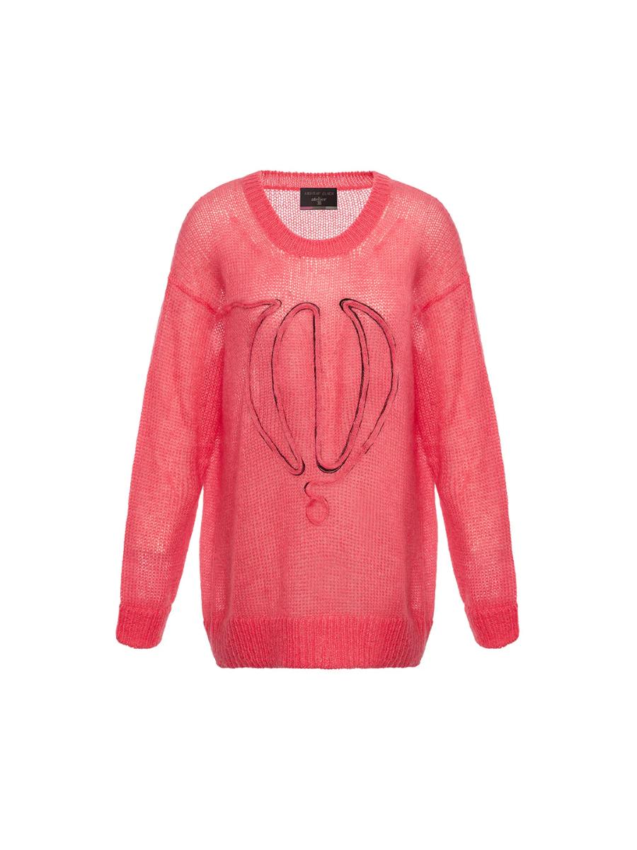 Wool Blended Pink Moher Sweater With Front Balloon