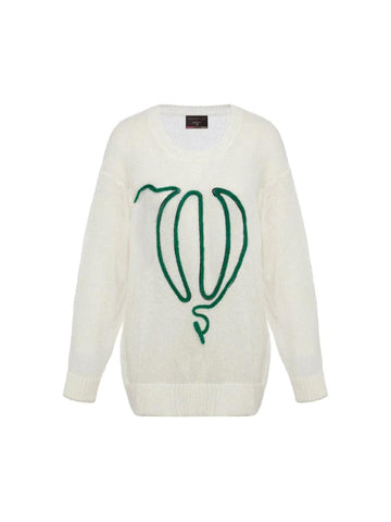 Ecru Wool Blended Moher Sweater With Front Balloon