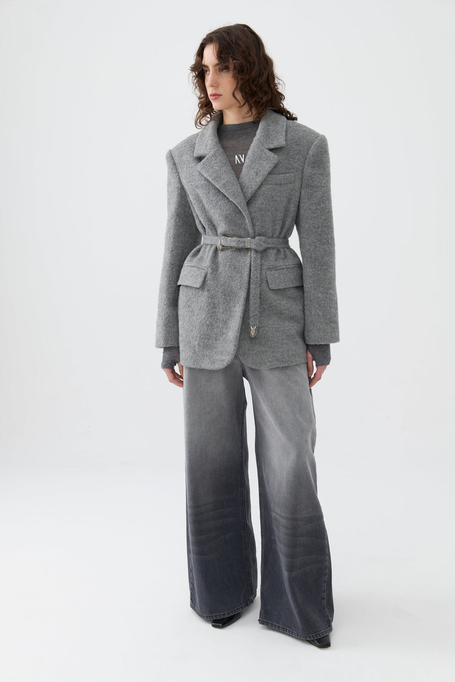 Gray Self-Belted Double Breasted Jacket