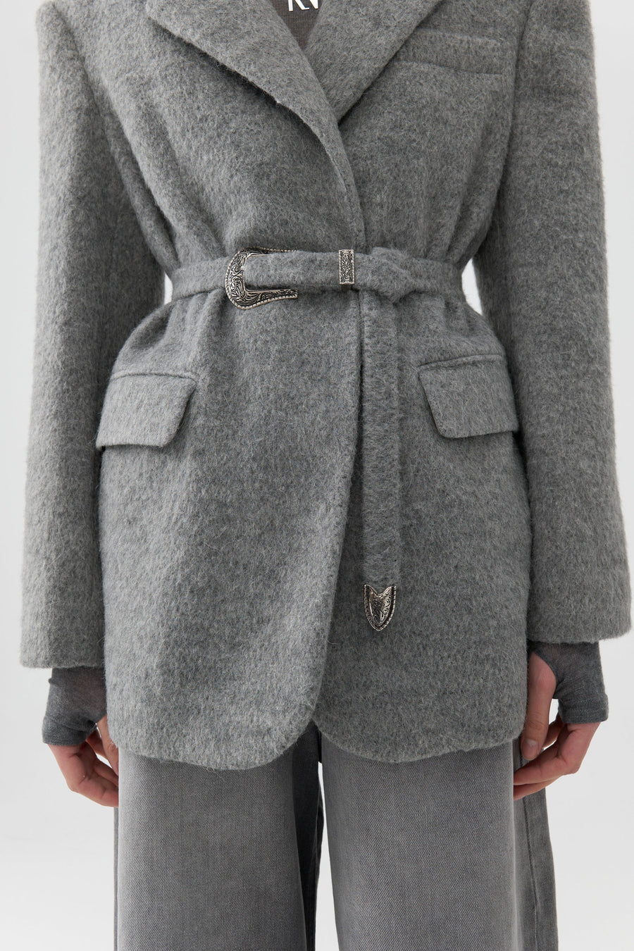 Gray Self-Belted Double Breasted Jacket