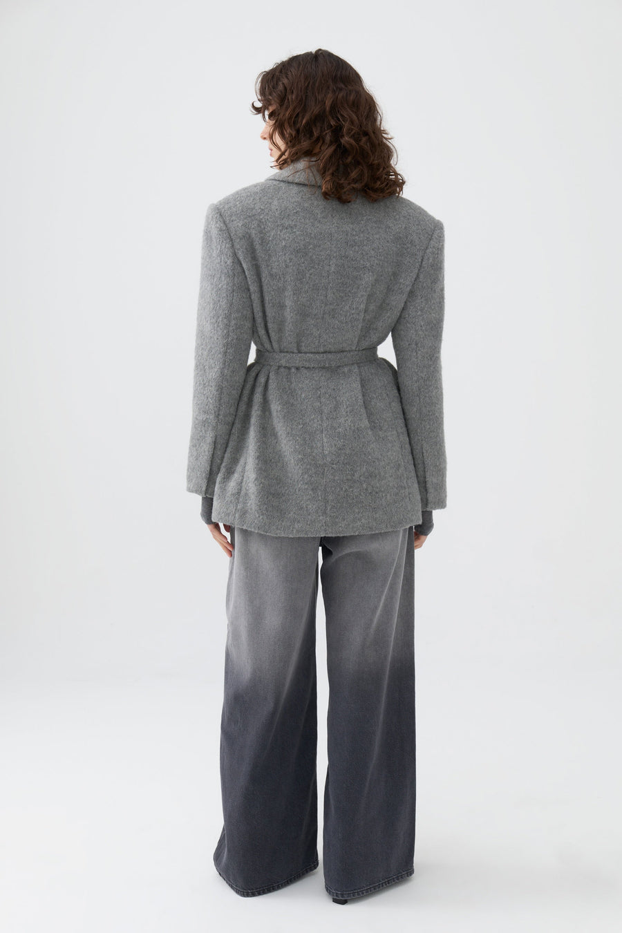 Gray Self-Belted Double Breasted Jacket
