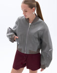 Gray Faux Leather Bomber Jacket