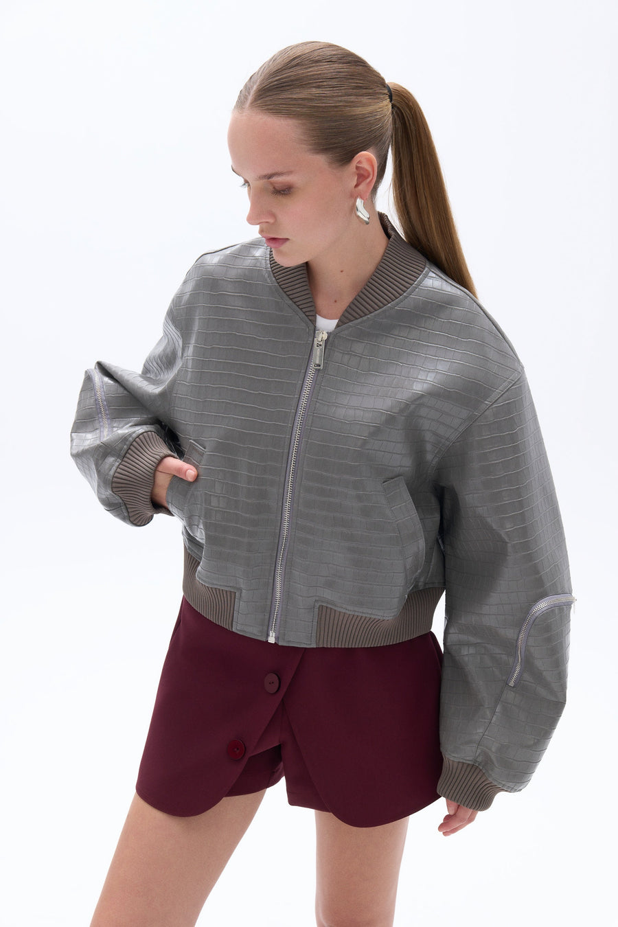 Gray Faux Leather Bomber Jacket