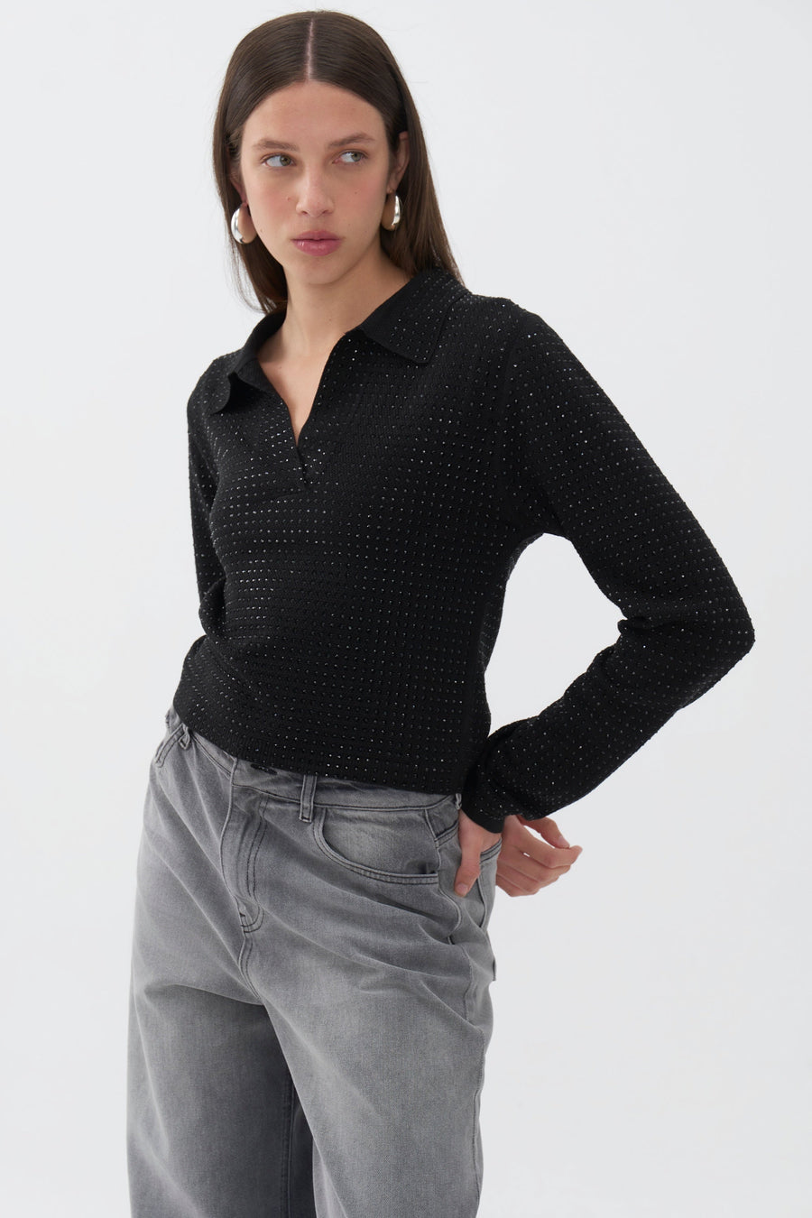 Black Knit Polo Top