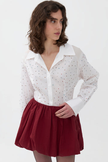 White Rhinestone Embroidered Button-Up Shirt