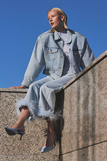 Cropped Denim Jacket with Shoulder Pads