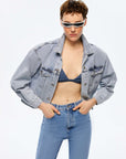 Cropped Denim Jacket with Shoulder Pads