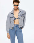 Cropped Denim Jacket with Shoulder Pads